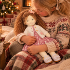 BlissfulPixie 12-Inch Handmade Waldorf Christmas Doll with Brown Curly Hair, Pink Holiday Dress, Cream Knitted Cardigan & Bow Shoes – Christmas Gift for Kids