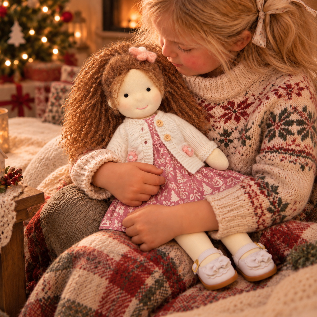 BlissfulPixie 12-Inch Handmade Waldorf Christmas Doll with Brown Curly Hair, Pink Holiday Dress, Cream Knitted Cardigan & Bow Shoes – Christmas Gift for Kids