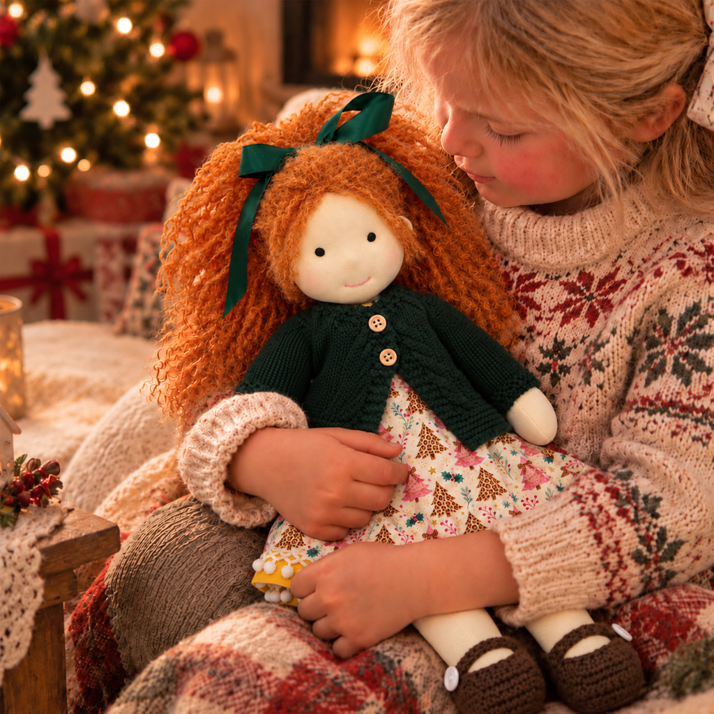 BlissfulPixie 12-Inch Handmade Waldorf Christmas Doll with Orange Curly Pigtails, Green Knitted Cardigan, Festive Christmas Tree Dress & Brown Shoes – Holiday Gift for Kids