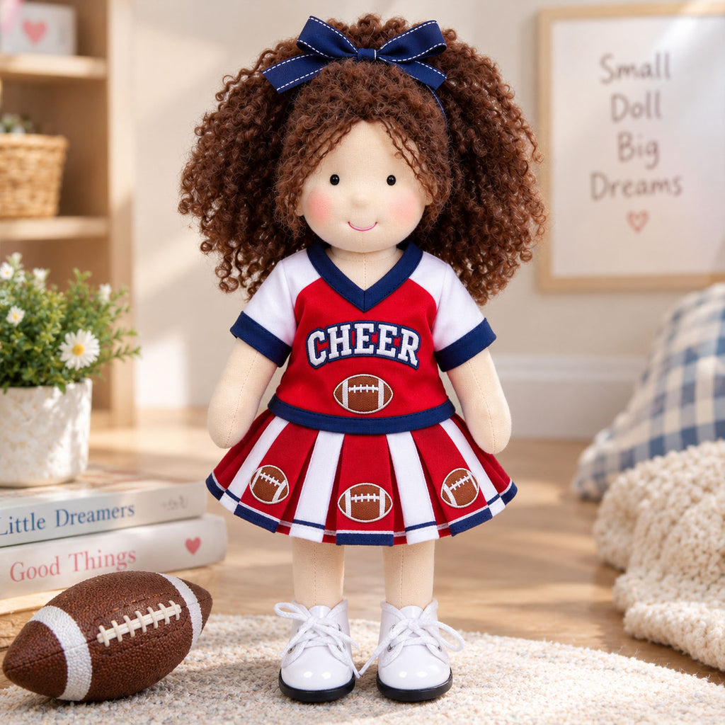 Blissfulpixie 12-Inch Handmade Waldorf Doll – Cheerleader Doll with Curly Brown Hair, Red & White Football Outfit, Bow Headband & Sneakers