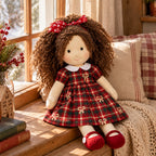 BlissfulPixie 12-Inch Waldorf Doll, Red and Green Plaid Christmas Dress, Curly Brown Hair with Red Heart Bow, Red Knit Mary Jane Shoes, Cute Holiday Gift for Kids