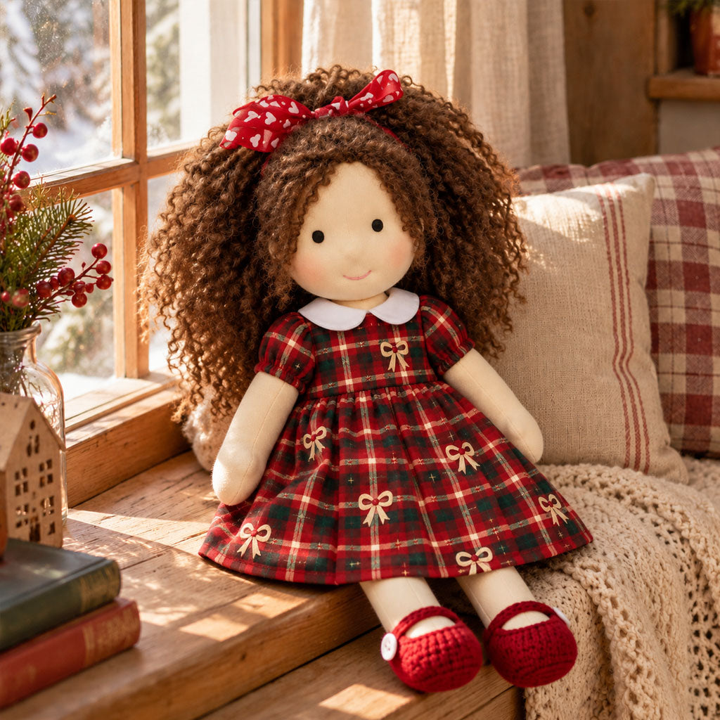BlissfulPixie 12-Inch Waldorf Doll, Red and Green Plaid Christmas Dress, Curly Brown Hair with Red Heart Bow, Red Knit Mary Jane Shoes, Cute Holiday Gift for Kids