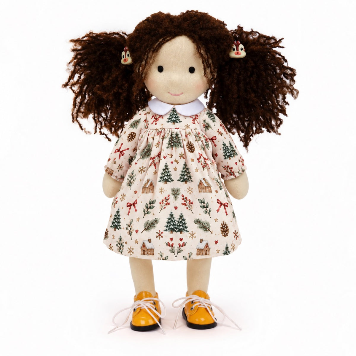 BlissfulPixie 12 Inch Waldorf Doll, Soft Fabric Girl Doll with Curly Brown Hair, Christmas Tree Print Dress and Lace-Up Shoes, Holiday Gift for Kids (Copy)