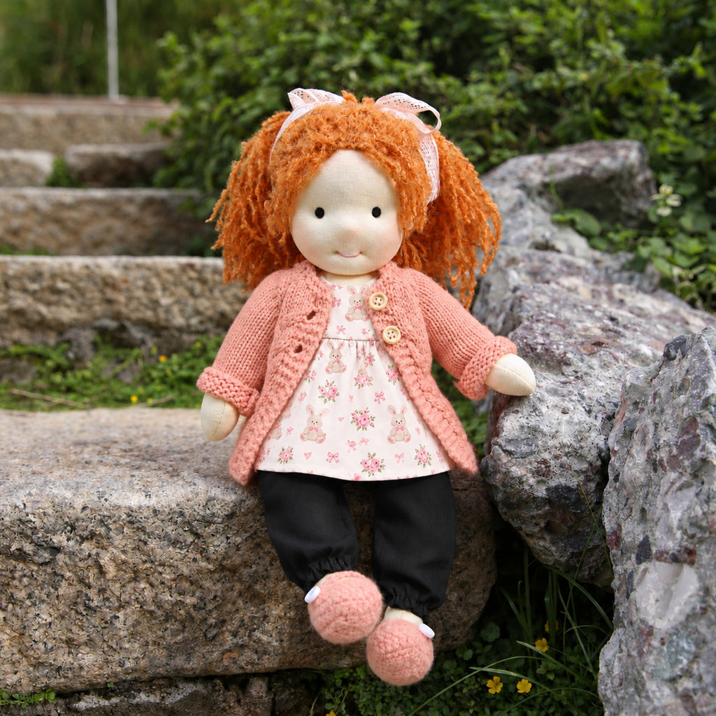 BlissfulPixie 12-Inch Waldorf-Style Doll with Orange Curly Hair, Pink Knitted Cardigan, Bunny Floral Print Top, Black Pants & Pink Knitted Shoes – Cute Gift for Kids