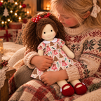 BlissfulPixie 12-Inch Handmade Waldorf Christmas Doll with Brown Curly Hair, Red Heart Bow, Pink Christmas Tree Dress & Red Knitted Shoes – Holiday Gift for Kids