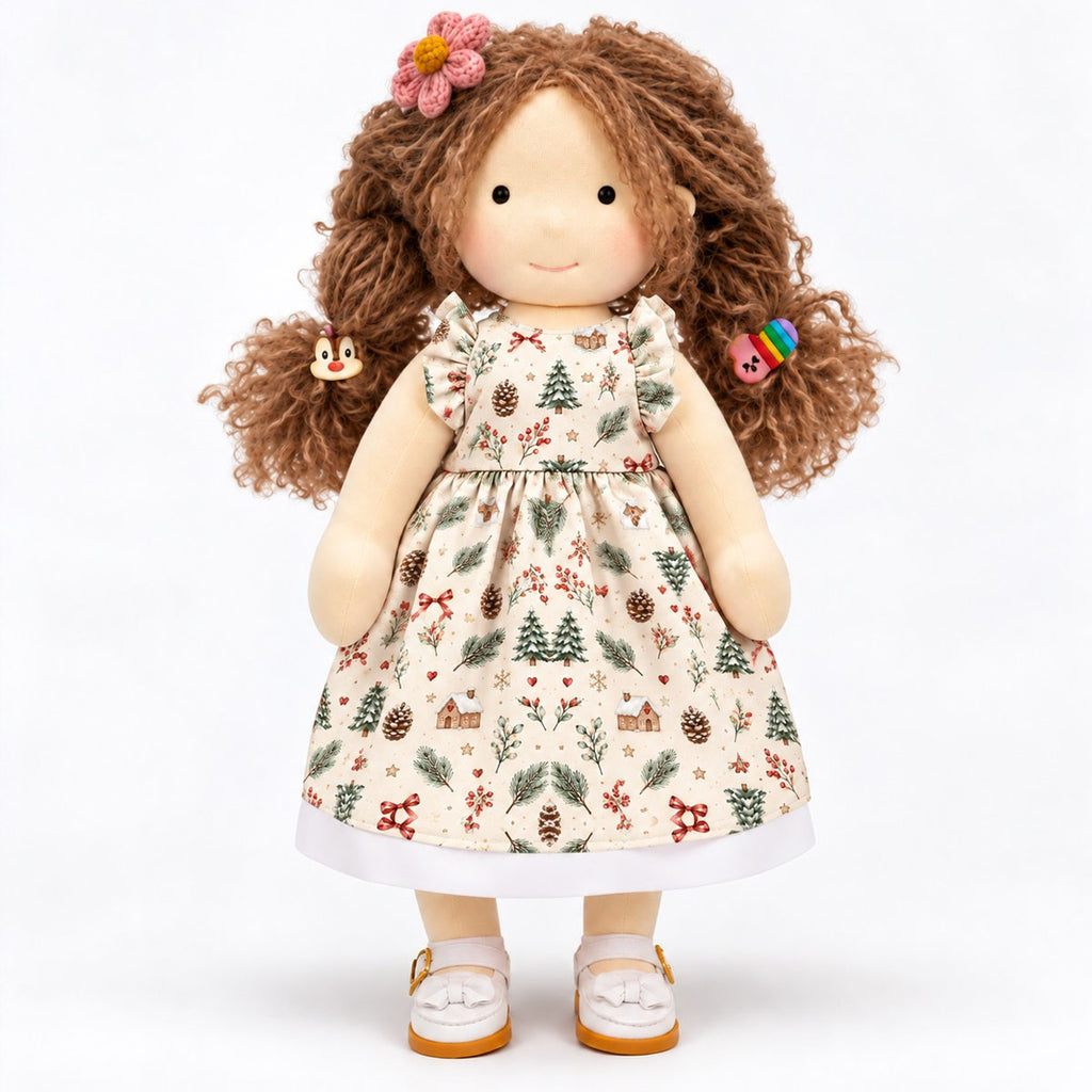 BlissfulPixie 12 Inch Waldorf Style Doll, Soft Fabric Girl Doll with Curly Brown Hair, Christmas Print Dress, Flower Hair Clip and White Bow Shoes, Holiday Gift for Kids