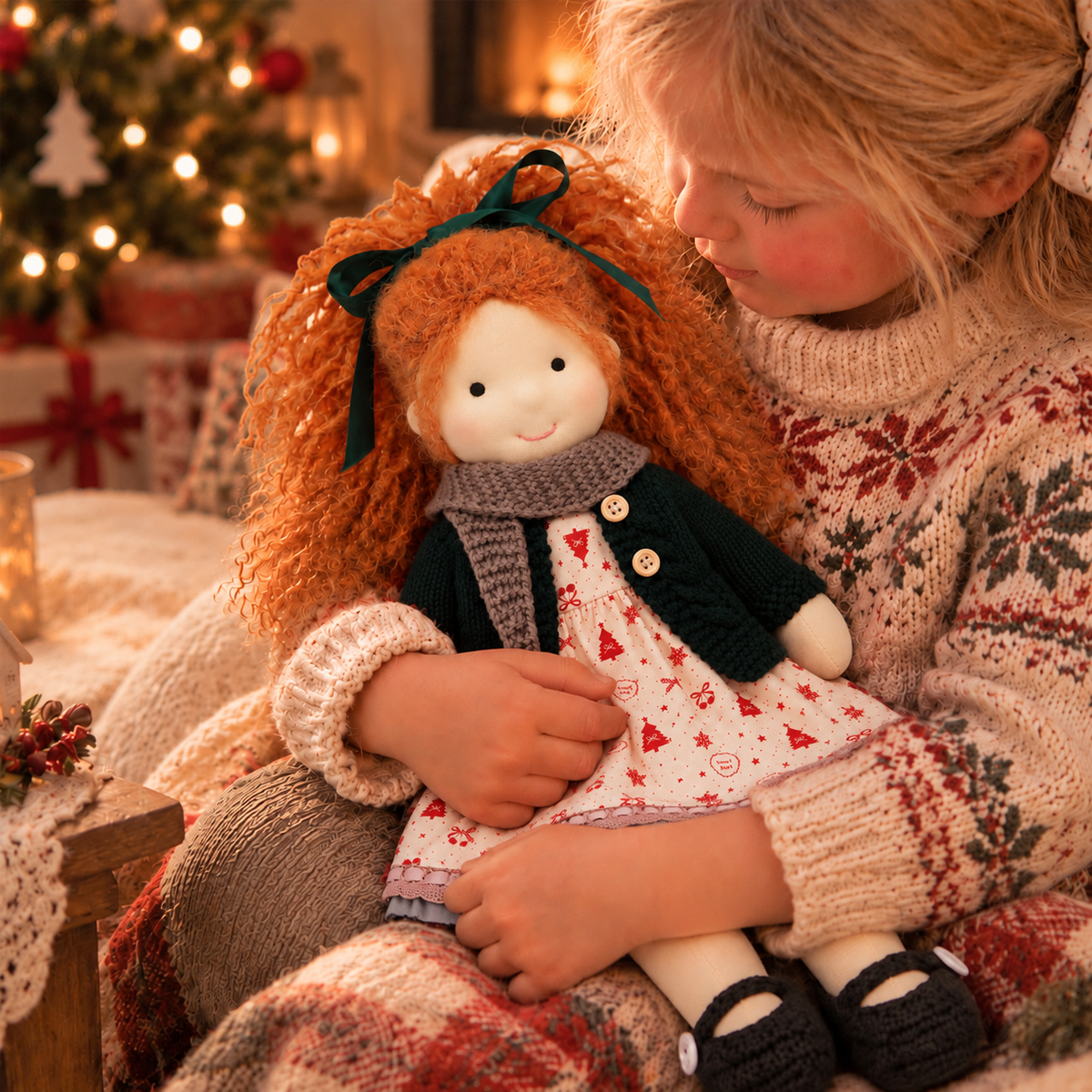 BlissfulPixie 12-Inch Handmade Waldorf Christmas Doll with Orange Curly Pigtails, Green Knitted Cardigan, Festive Christmas Tree Dress & Brown Shoes – Holiday Gift for Kids