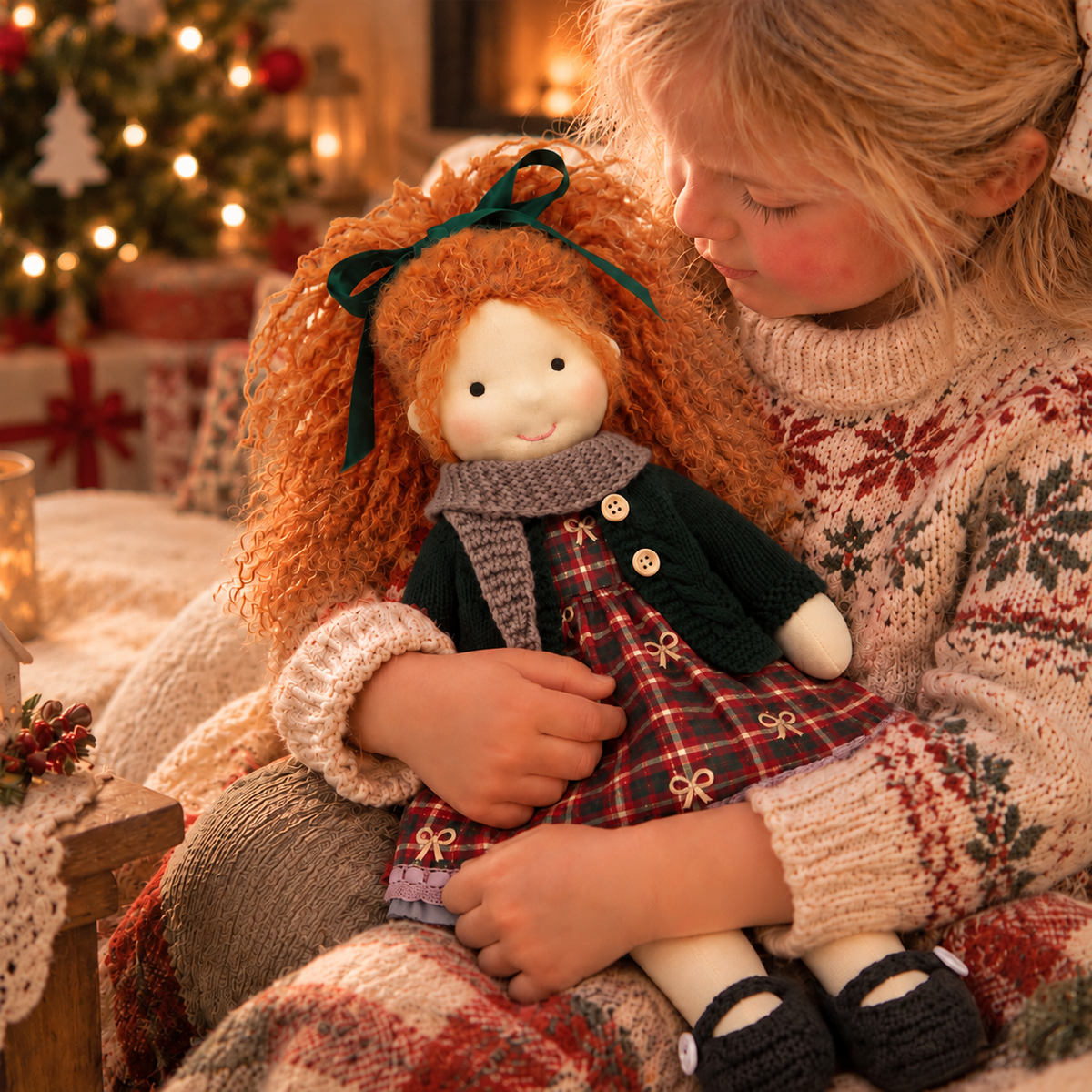 BlissfulPixie 12-Inch Handmade Waldorf Christmas Doll with Orange Curly Hair, Green Knitted Cardigan, Red Plaid Holiday Dress & Cozy Scarf – Christmas Gift for Kids
