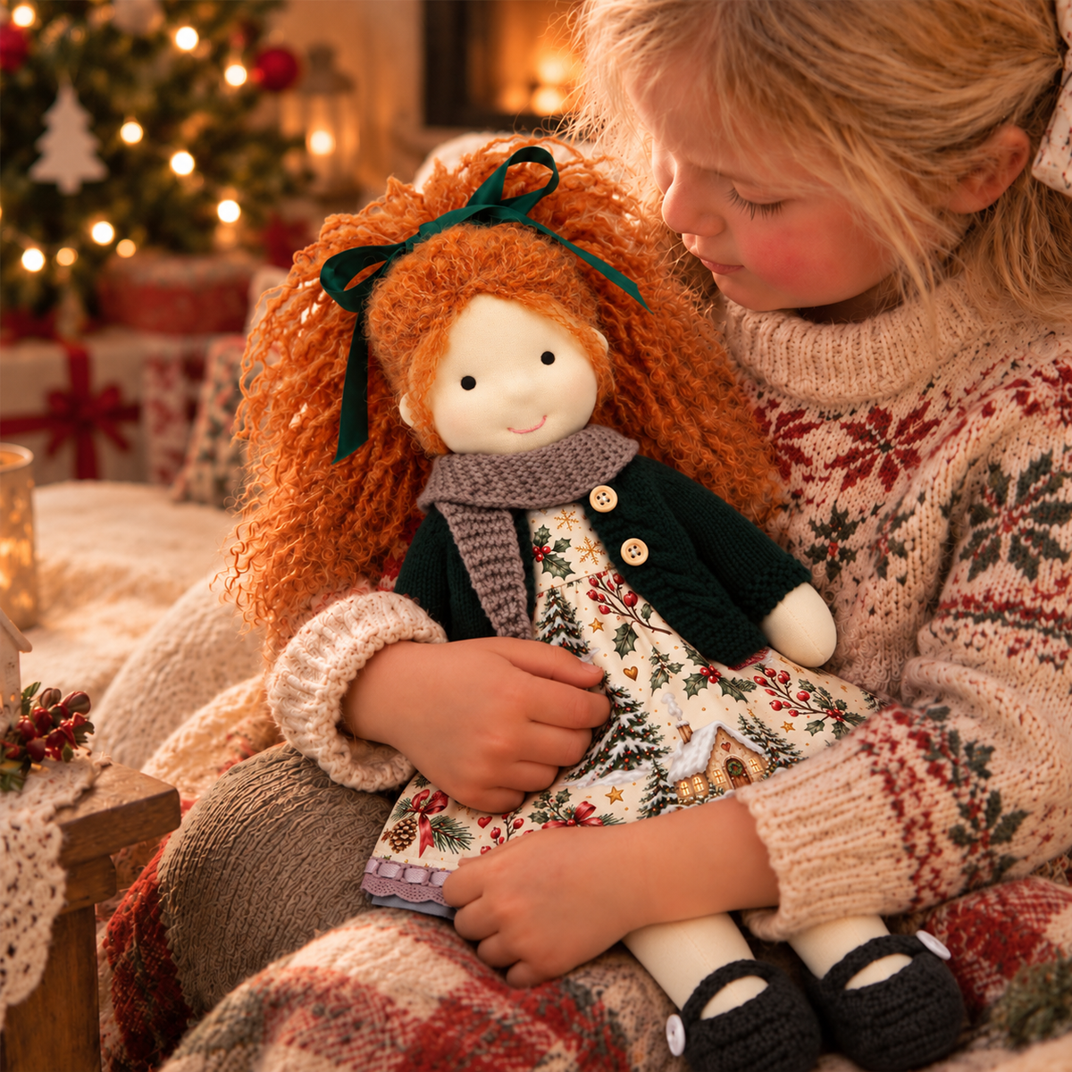 BlissfulPixie 12-Inch Handmade Waldorf Christmas Doll with Orange Curly Hair, Green Knitted Cardigan, Cozy Scarf & Festive Holiday Dress – Christmas Gift for Kids