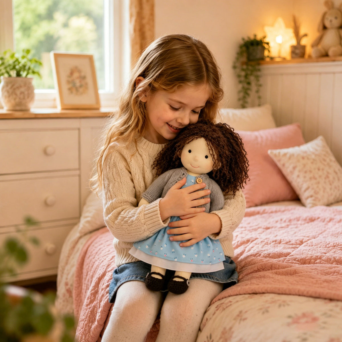 BlissfulPixie 12" Waldorf Doll Louise, Handmade Soft Rag Doll for Girls with DIY Hair Styling Kit, 4 Color Hair Set, Teddy Bear, Makeup Tools & Gift Box Set, Creative Birthday Christmas Gift-BlissfulPixie