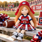 BlissfulPixie 12" Handmade Waldorf Doll, Soft Cloth Doll with Curly Yarn Hair, Cheerleader Football Dress, Sports-Themed Doll for Girls, Birthday & Christmas Gift