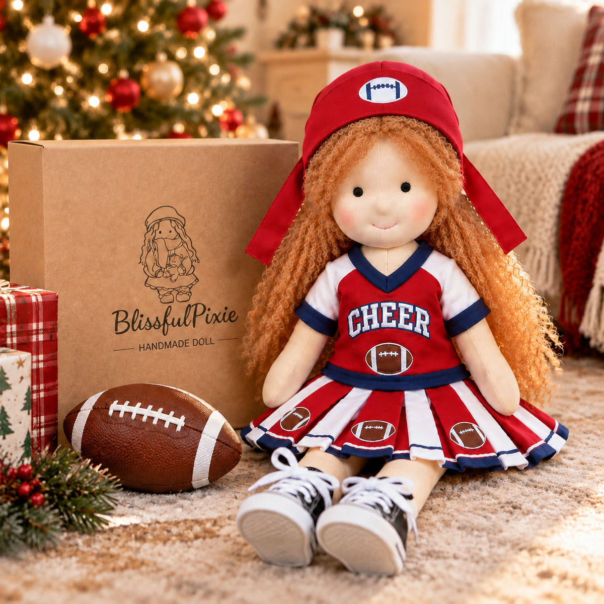BlissfulPixie 12" Handmade Waldorf Doll, Soft Cloth Doll with Curly Yarn Hair, Cheerleader Football Dress, Sports-Themed Doll for Girls, Birthday & Christmas Gift