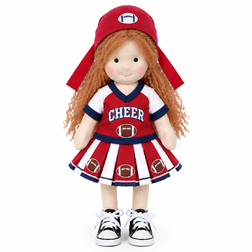 BlissfulPixie 12" Handmade Waldorf Doll, Soft Cloth Doll with Curly Yarn Hair, Cheerleader Football Dress, Sports-Themed Doll for Girls, Birthday & Christmas Gift