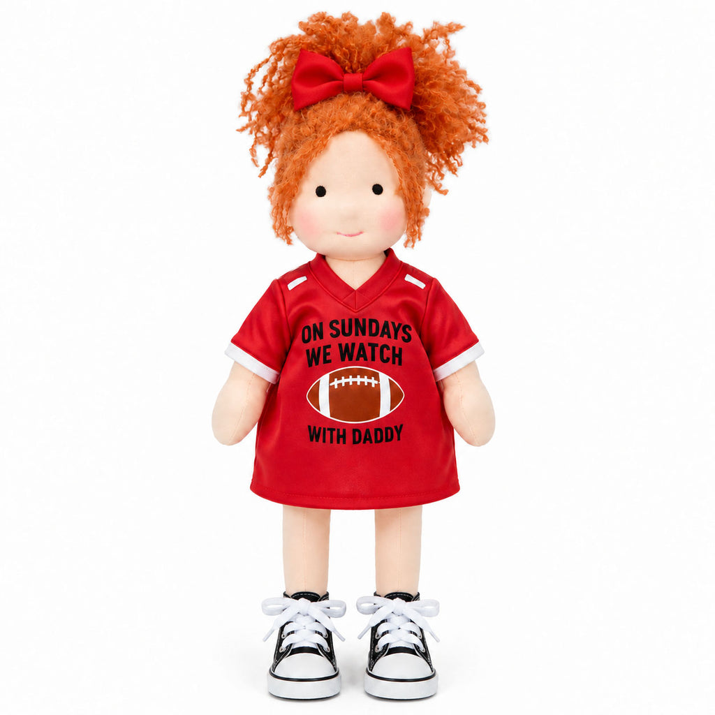 BlissfulPixie 12" Handmade Waldorf Doll, Soft Cloth Doll with Orange Curly Hair, Red Football Jersey Dress, Sports-Themed Rag Doll with Bow, Birthday & Christmas Gift