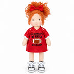 BlissfulPixie 12" Handmade Waldorf Doll, Soft Cloth Doll with Orange Curly Hair, Red Football Jersey Dress, Sports-Themed Rag Doll with Bow, Birthday & Christmas Gift