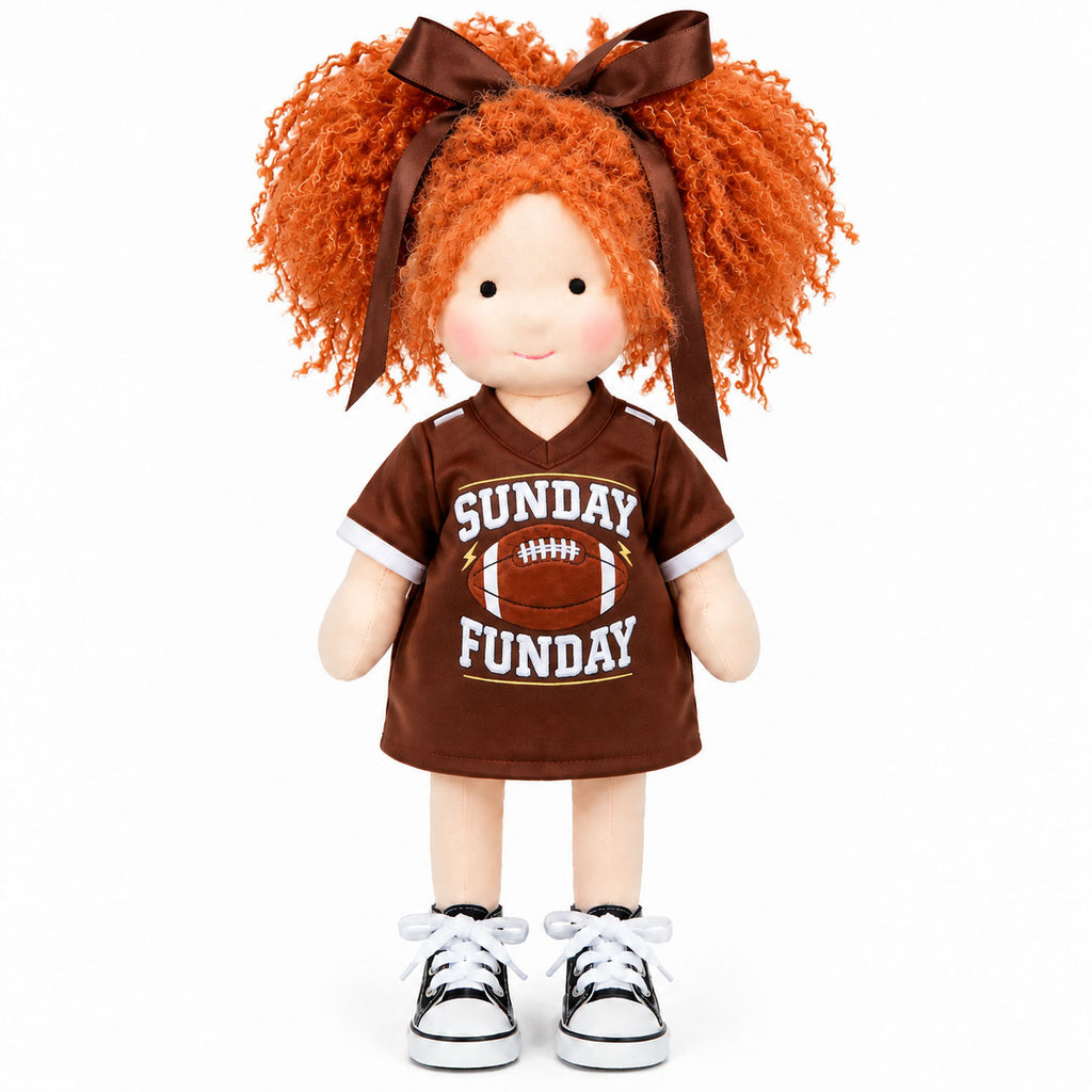 BlissfulPixie 12" Handmade Waldorf Doll, Soft Cloth Doll with Orange Curly Pigtails, Brown Football Jersey Dress, Sunday Funday Sports-Themed Rag Doll, Birthday & Christmas Gift