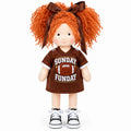 BlissfulPixie 12" Handmade Waldorf Doll, Soft Cloth Doll with Orange Curly Pigtails, Brown Football Jersey Dress, Sunday Funday Sports-Themed Rag Doll, Birthday & Christmas Gift