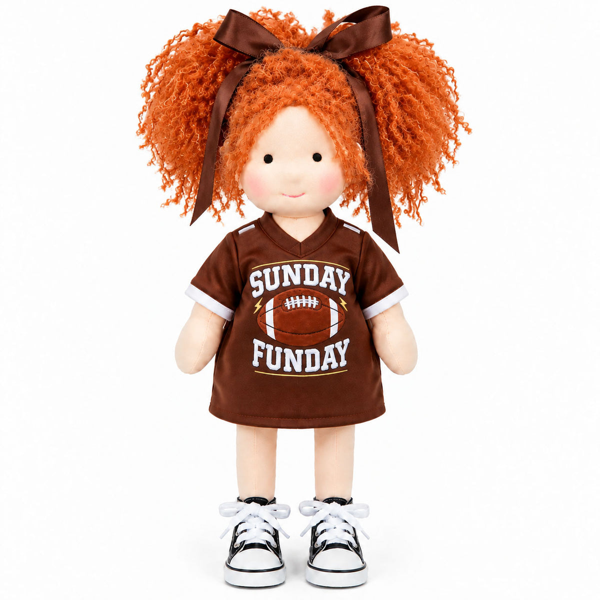 BlissfulPixie 12" Handmade Waldorf Doll, Soft Cloth Doll with Orange Curly Pigtails, Brown Football Jersey Dress, Sunday Funday Sports-Themed Rag Doll, Birthday & Christmas Gift