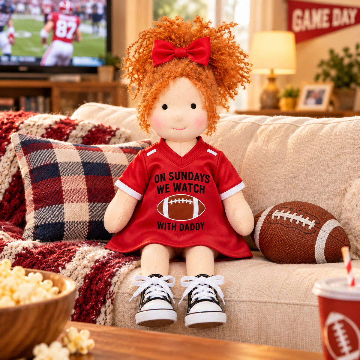 BlissfulPixie 12" Handmade Waldorf Doll, Soft Cloth Doll with Orange Curly Hair, Red Football Jersey Dress, Sports-Themed Rag Doll with Bow, Birthday & Christmas Gift