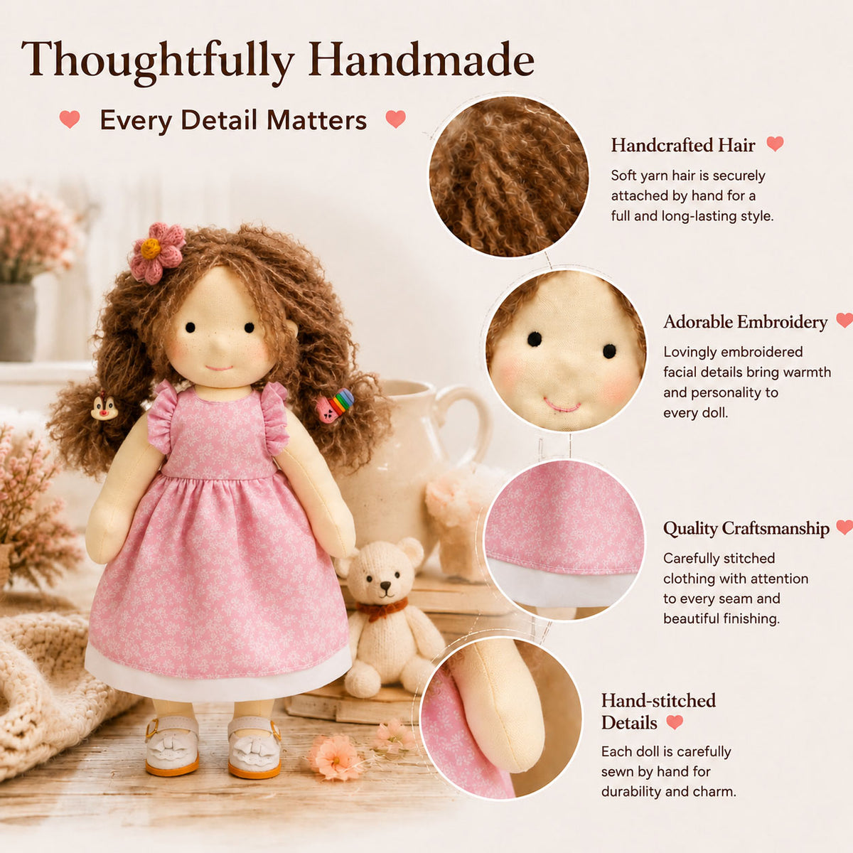 [Halloween Limited Edition ] BlissfulPixie 12" Waldorf Doll Amy, Handmade Soft Rag Doll for Girls with DIY Hair Styling Kit, 4 Color Hair Set, Teddy Bear, Makeup Tools & Gift Box Set, Creative Birthday Christmas Gift-BlissfulPixie