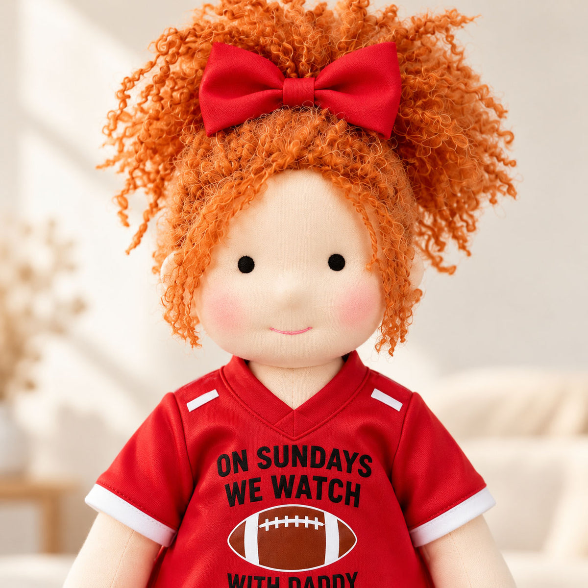 BlissfulPixie 12" Handmade Waldorf Doll, Soft Cloth Doll with Orange Curly Hair, Red Football Jersey Dress, Sports-Themed Rag Doll with Bow, Birthday & Christmas Gift