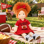 BlissfulPixie 12" Handmade Waldorf Doll, Soft Cloth Doll with Orange Curly Hair, Red Football Jersey Dress, Sports-Themed Rag Doll with Bow, Birthday & Christmas Gift