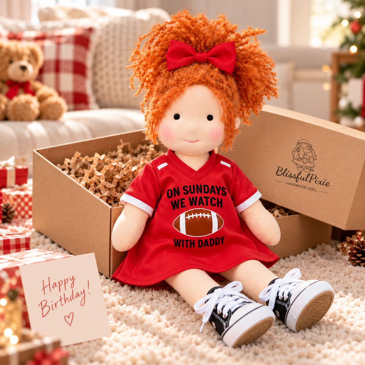 BlissfulPixie 12" Handmade Waldorf Doll, Soft Cloth Doll with Orange Curly Hair, Red Football Jersey Dress, Sports-Themed Rag Doll with Bow, Birthday & Christmas Gift