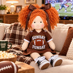 BlissfulPixie 12" Handmade Waldorf Doll, Soft Cloth Doll with Orange Curly Pigtails, Brown Football Jersey Dress, Sunday Funday Sports-Themed Rag Doll, Birthday & Christmas Gift