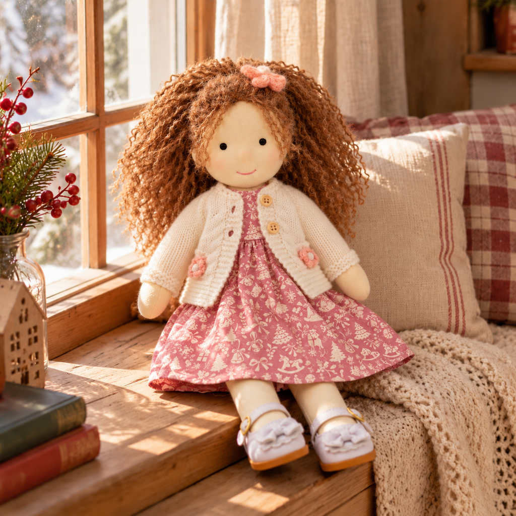 BlissfulPixie 12-Inch Handmade Waldorf Christmas Doll with Brown Curly Hair, Pink Holiday Dress, Cream Knitted Cardigan & Bow Shoes – Christmas Gift for Kids