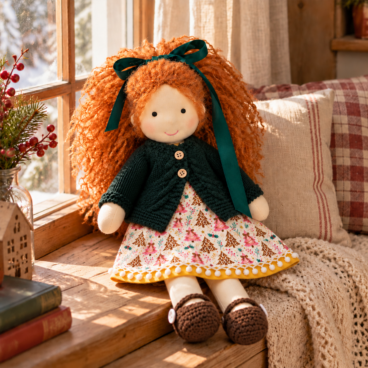 BlissfulPixie 12-Inch Handmade Waldorf Christmas Doll with Orange Curly Pigtails, Green Knitted Cardigan, Festive Christmas Tree Dress & Brown Shoes – Holiday Gift for Kids