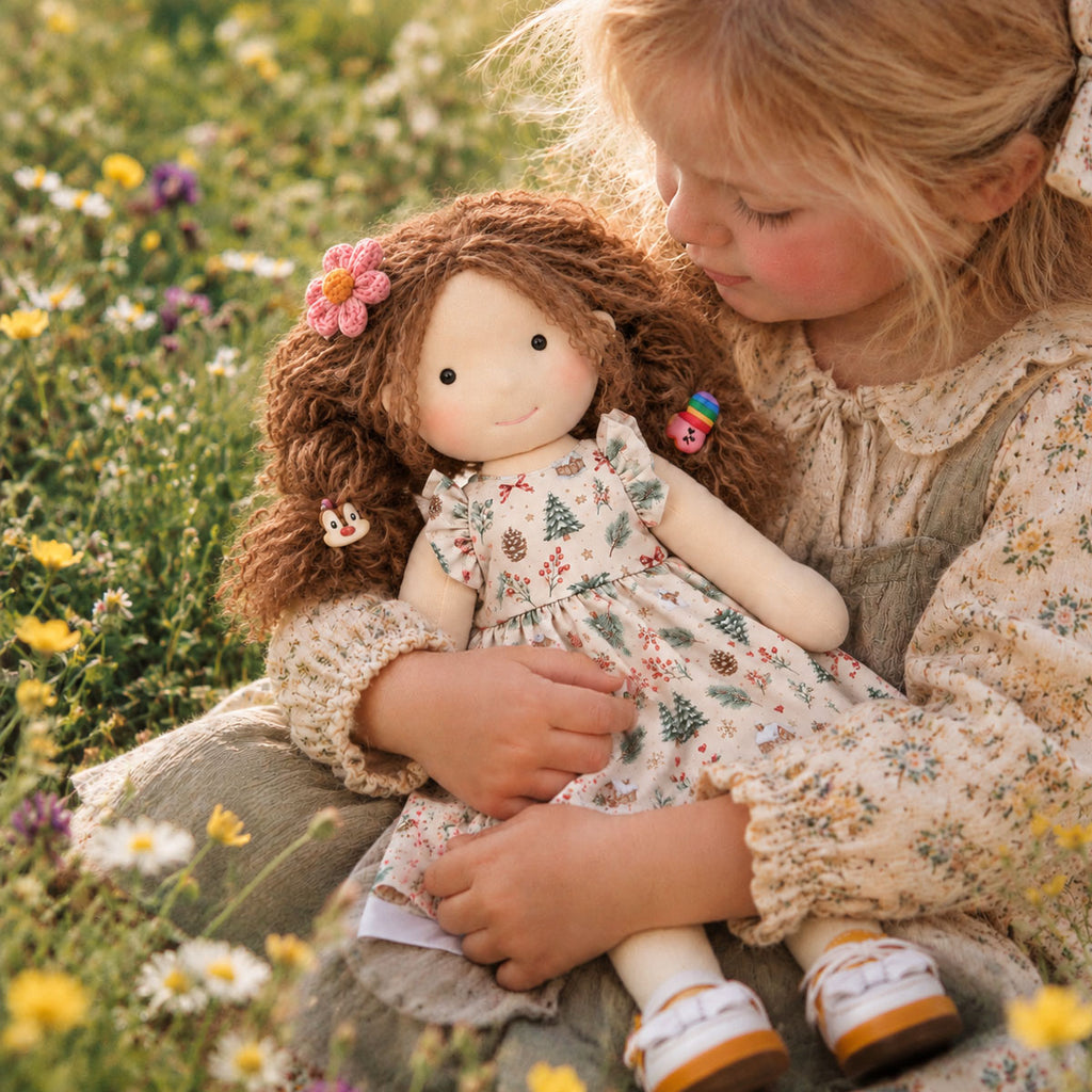 BlissfulPixie 12 Inch Waldorf Style Doll, Soft Fabric Girl Doll with Curly Brown Hair, Christmas Print Dress, Flower Hair Clip and White Bow Shoes, Holiday Gift for Kids