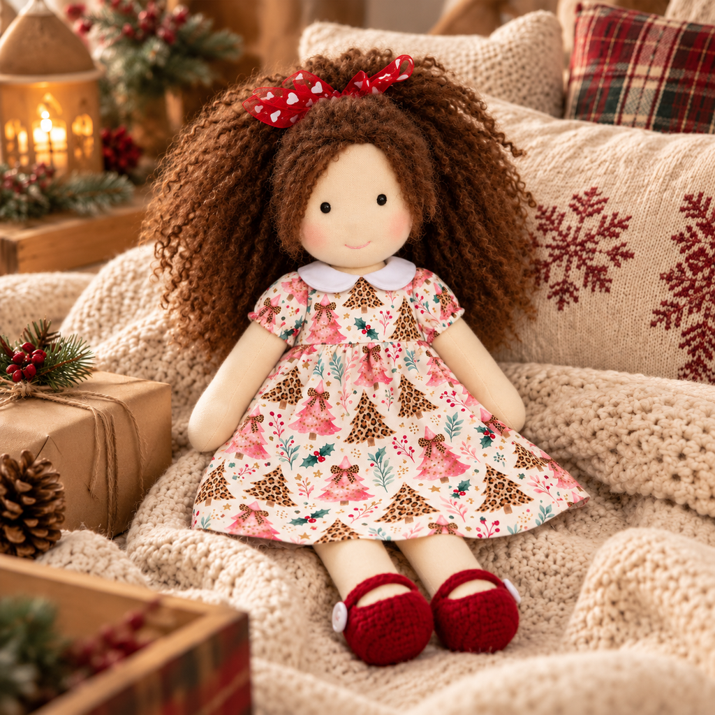 BlissfulPixie 12-Inch Handmade Waldorf Christmas Doll with Brown Curly Hair, Red Heart Bow, Pink Christmas Tree Dress & Red Knitted Shoes – Holiday Gift for Kids