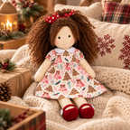 BlissfulPixie 12-Inch Handmade Waldorf Christmas Doll with Brown Curly Hair, Red Heart Bow, Pink Christmas Tree Dress & Red Knitted Shoes – Holiday Gift for Kids