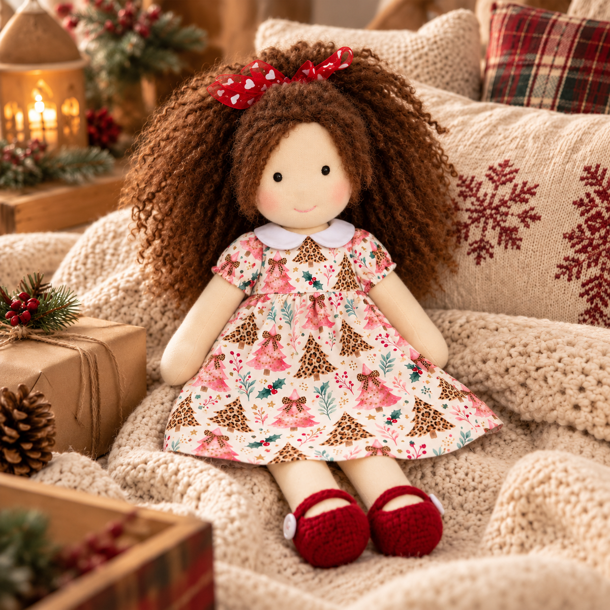 BlissfulPixie 12-Inch Handmade Waldorf Christmas Doll with Brown Curly Hair, Red Heart Bow, Pink Christmas Tree Dress & Red Knitted Shoes – Holiday Gift for Kids
