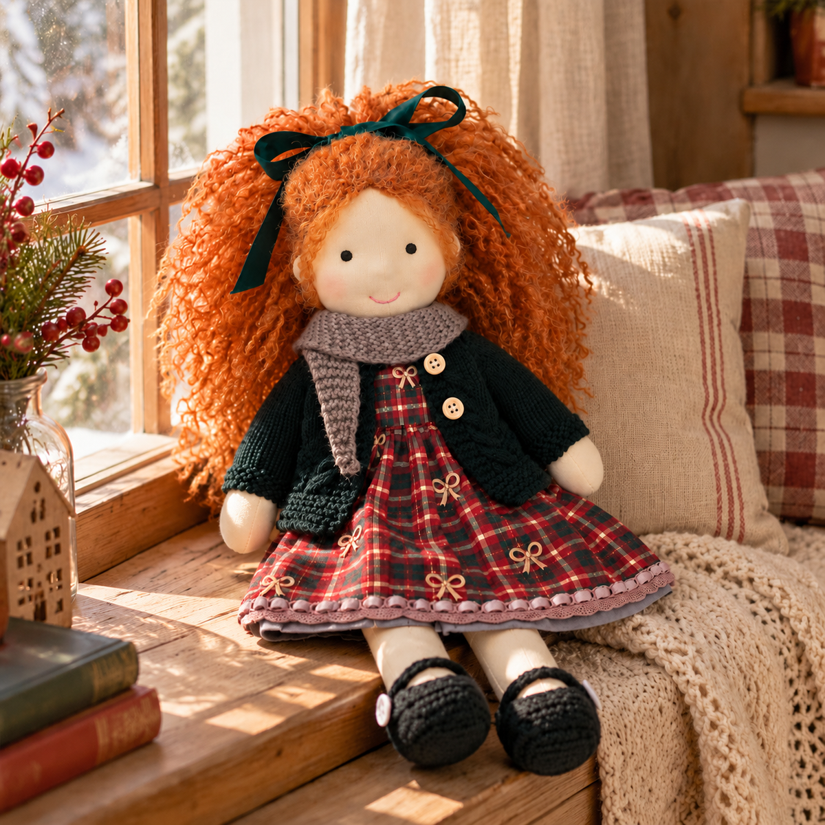BlissfulPixie 12-Inch Handmade Waldorf Christmas Doll with Orange Curly Hair, Green Knitted Cardigan, Red Plaid Holiday Dress & Cozy Scarf – Christmas Gift for Kids