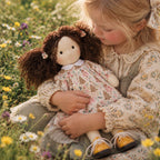 BlissfulPixie 12 Inch Waldorf Doll, Soft Fabric Girl Doll with Curly Brown Hair, Christmas Tree Print Dress and Lace-Up Shoes, Holiday Gift for Kids