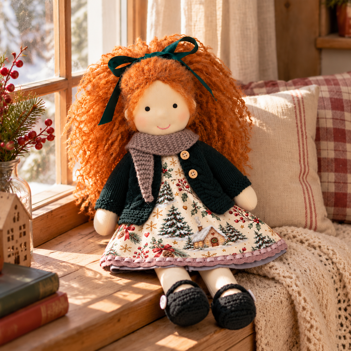 BlissfulPixie 12-Inch Handmade Waldorf Christmas Doll with Orange Curly Hair, Green Knitted Cardigan, Cozy Scarf & Festive Holiday Dress – Christmas Gift for Kids