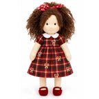 BlissfulPixie 12-Inch Waldorf Doll, Red and Green Plaid Christmas Dress, Curly Brown Hair with Red Heart Bow, Red Knit Mary Jane Shoes, Cute Holiday Gift for Kids