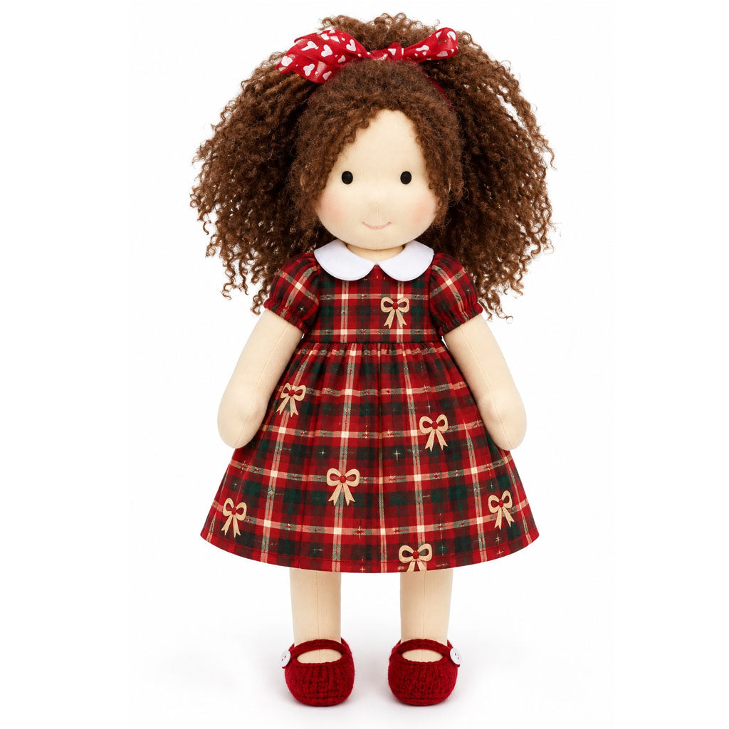 BlissfulPixie 12-Inch Waldorf Doll, Red and Green Plaid Christmas Dress, Curly Brown Hair with Red Heart Bow, Red Knit Mary Jane Shoes, Cute Holiday Gift for Kids