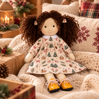 BlissfulPixie 12 Inch Waldorf Doll, Soft Fabric Girl Doll with Curly Brown Hair, Christmas Tree Print Dress and Lace-Up Shoes, Holiday Gift for Kids (Copy)