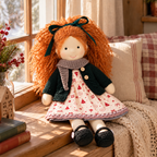 BlissfulPixie 12-Inch Handmade Waldorf Christmas Doll with Orange Curly Pigtails, Green Knitted Cardigan, Festive Christmas Tree Dress & Brown Shoes – Holiday Gift for Kids