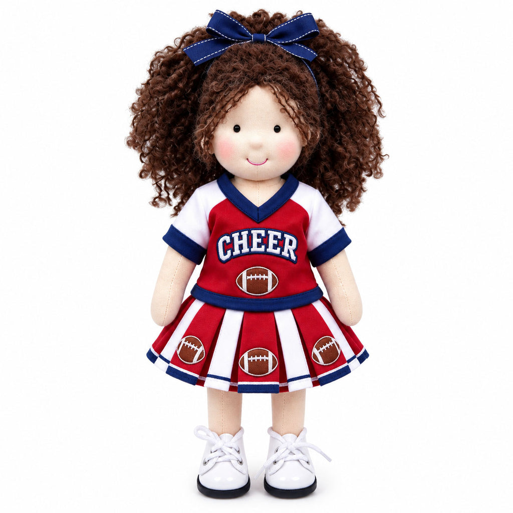 Blissfulpixie 12-Inch Handmade Waldorf Doll – Cheerleader Doll with Curly Brown Hair, Red & White Football Outfit, Bow Headband & Sneakers