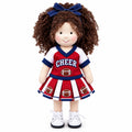 Blissfulpixie 12-Inch Handmade Waldorf Doll – Cheerleader Doll with Curly Brown Hair, Red & White Football Outfit, Bow Headband & Sneakers