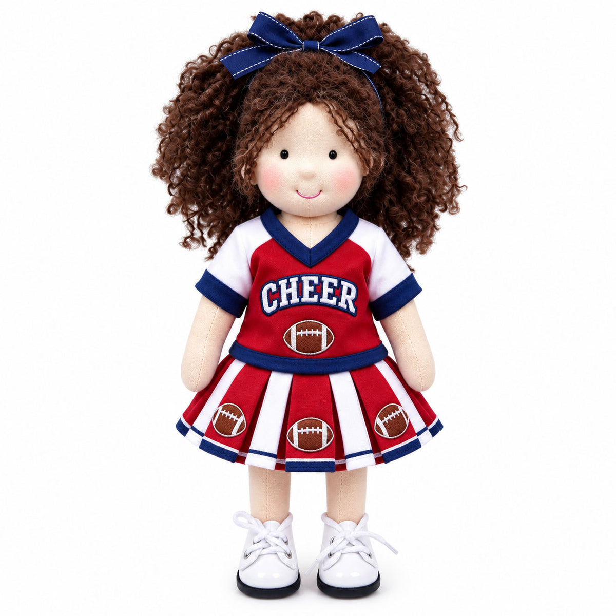 Blissfulpixie 12-Inch Handmade Waldorf Doll – Cheerleader Doll with Curly Brown Hair, Red & White Football Outfit, Bow Headband & Sneakers