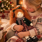 BlissfulPixie 12-Inch Waldorf Doll, Red Plaid Christmas Dress with Dark Green Knit Cardigan, Auburn Curly Hair & Matching Bow, Cute Holiday Gift for Kids