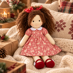 BlissfulPixie 12-Inch Handmade Waldorf Christmas Doll with Brown Curly Hair, Red Heart Bow, Pink Holiday Dress & Red Knitted Shoes – Christmas Gift for Kids