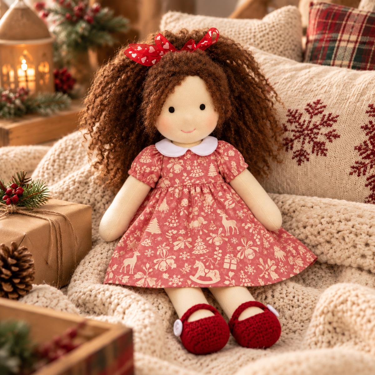 BlissfulPixie 12-Inch Handmade Waldorf Christmas Doll with Brown Curly Hair, Red Heart Bow, Pink Holiday Dress & Red Knitted Shoes – Christmas Gift for Kids