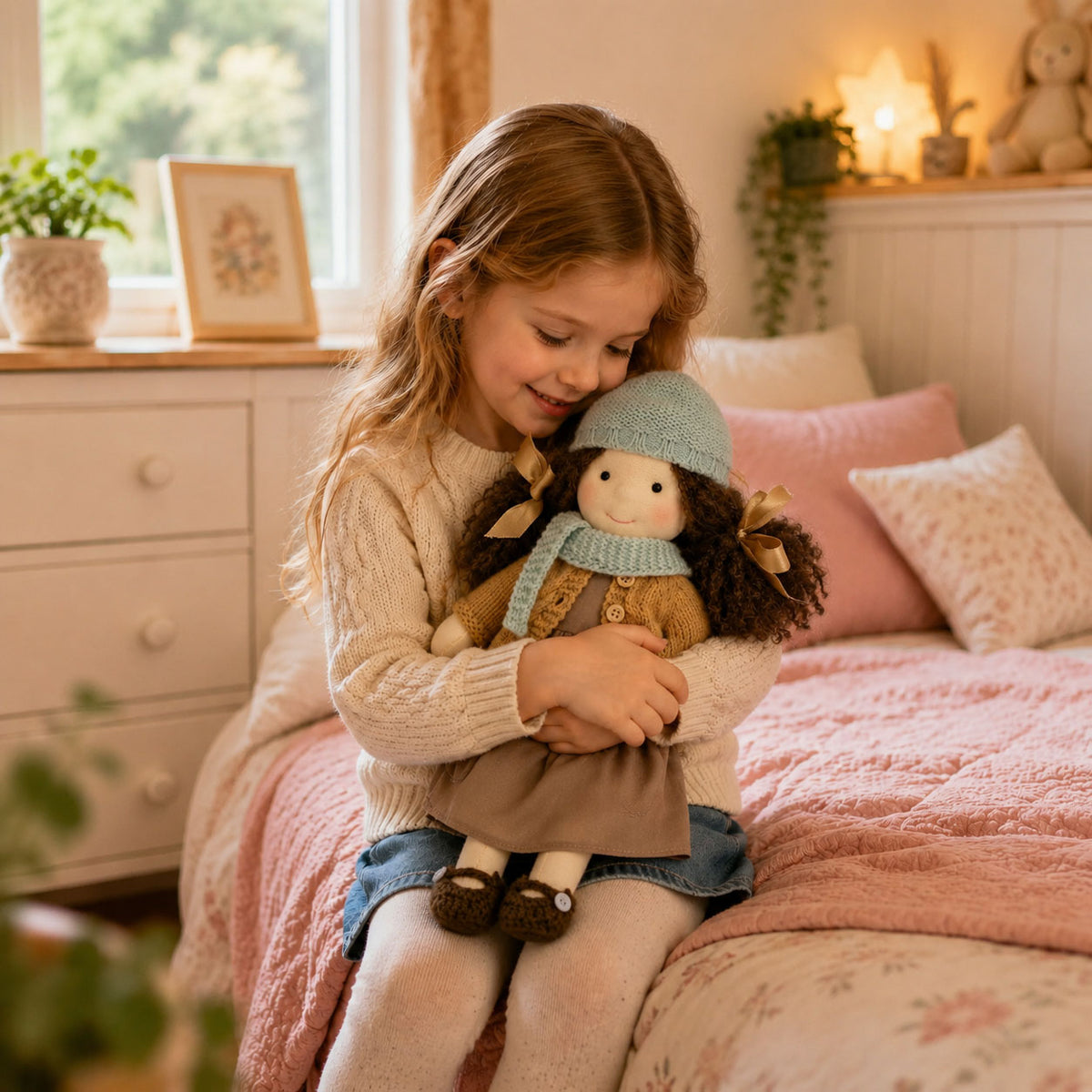 BlissfulPixie 12" Waldorf Doll Zoey, Handmade Soft Rag Doll for Girls with DIY Hair Styling Kit, 4 Color Hair Set, Teddy Bear, Makeup Tools & Gift Box Set, Creative Birthday Christmas Gift-BlissfulPixie