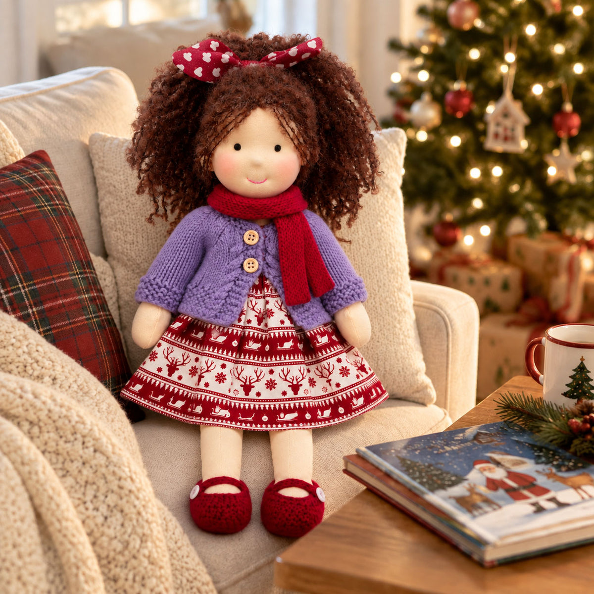 Eleanor - Cute Handmade Doll for Girls, Christmas Rag Doll with Colorful Holiday Dress, Soft Fabric Doll with Gift Box Packaging, Adorable Keepsake Toy for Kids, Birthday and Holiday Gifts