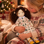 BlissfulPixie 12 Inch Waldorf Doll, Soft Fabric Girl Doll with Curly Brown Hair, Christmas Tree Print Dress and Lace-Up Shoes, Holiday Gift for Kids (Copy)